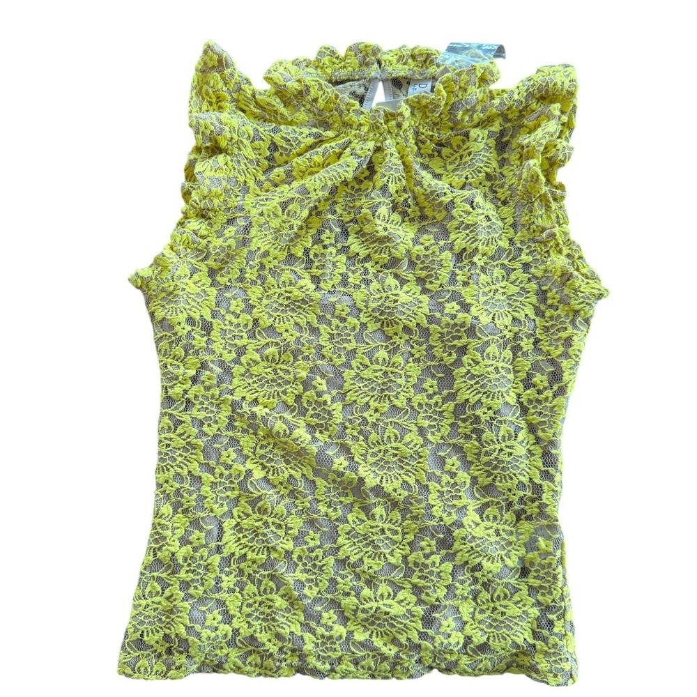 Dolan Left Coast Collection‎ Yellow Floral Lace Ruffle Mock Neck Top XXS NEW
